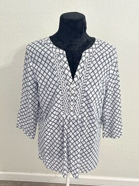 Talbots Geometric Print Blouse White Navy Size Large